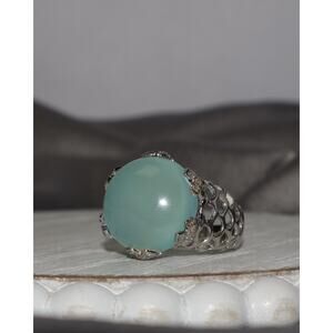 Green Chalcedony & Diamond Sterling Silver Ring 6.4G / Sz 7